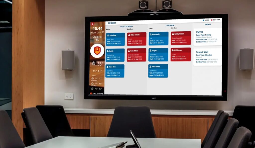 Public safety dashboard displayed on a screen in a fire department conference room information overload