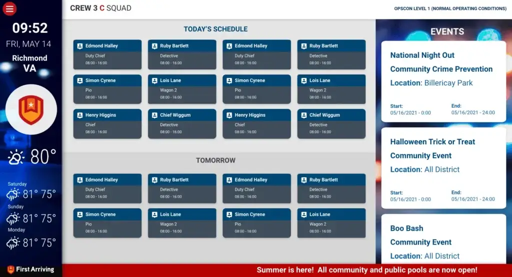 LE schedule and events dashboard